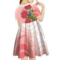 New Zealand Fantail Kid Short Sleeve Dress Maori Koru With Pohutukawa Flowers - Polynesian Pride