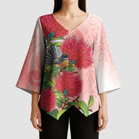 New Zealand Fantail Kimono Sleeve Blouse Maori Koru With Pohutukawa Flowers - Polynesian Pride