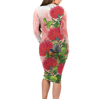 New Zealand Fantail Long Sleeve Bodycon Dress Maori Koru With Pohutukawa Flowers - Polynesian Pride