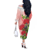 New Zealand Fantail Off The Shoulder Long Sleeve Dress Maori Koru With Pohutukawa Flowers - Polynesian Pride