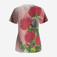 New Zealand Fantail Scrub Top Maori Koru With Pohutukawa Flowers - Polynesian Pride