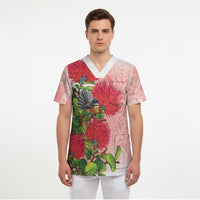 New Zealand Fantail Scrub Top Maori Koru With Pohutukawa Flowers - Polynesian Pride