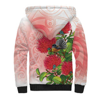 New Zealand Fantail Sherpa Hoodie Maori Koru With Pohutukawa Flowers - Polynesian Pride