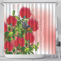 New Zealand Fantail Shower Curtain Maori Koru With Pohutukawa Flowers - Polynesian Pride
