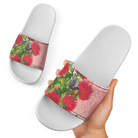 New Zealand Fantail Slide Sandals Maori Koru With Pohutukawa Flowers - Polynesian Pride