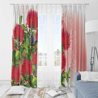 New Zealand Fantail Window Curtain Maori Koru With Pohutukawa Flowers - Polynesian Pride