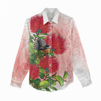 New Zealand Fantail Women Casual Shirt Maori Koru With Pohutukawa Flowers - Polynesian Pride
