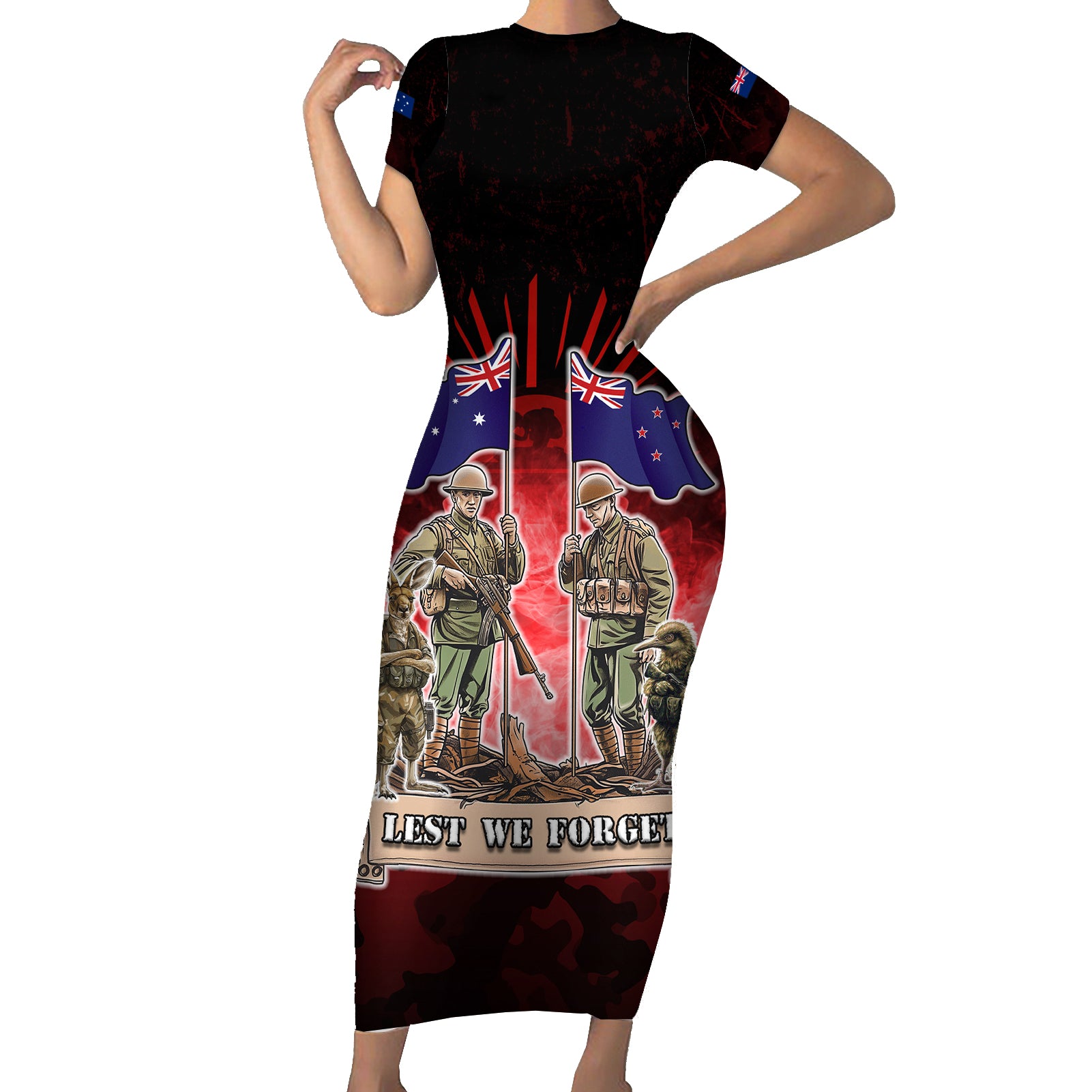 Australia And New Zealand ANZAC Day Short Sleeve Bodycon Dress Soldiers Lest We Forget LT05 Long Dress Red - Polynesian Pride