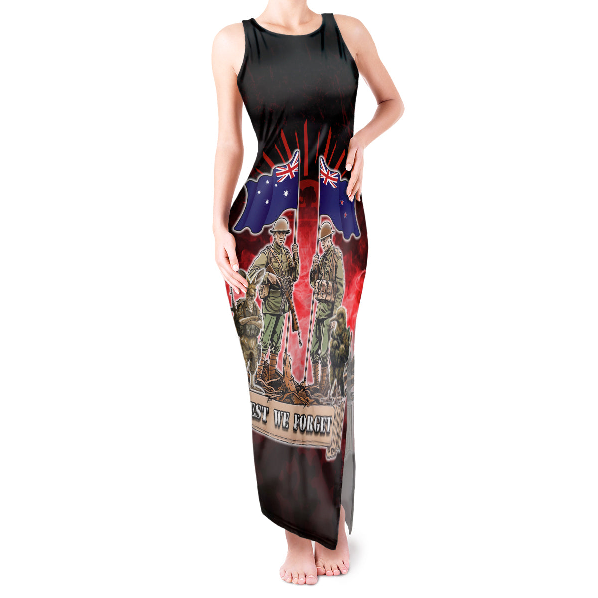 Australia And New Zealand ANZAC Day Tank Maxi Dress Soldiers Lest We Forget LT05 Women Red - Polynesian Pride