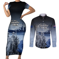 New Zealand ANZAC Day Couples Matching Short Sleeve Bodycon Dress and Long Sleeve Button Shirt HMNZS Achilles We Will Remember Them LT05 Blue - Polynesian Pride