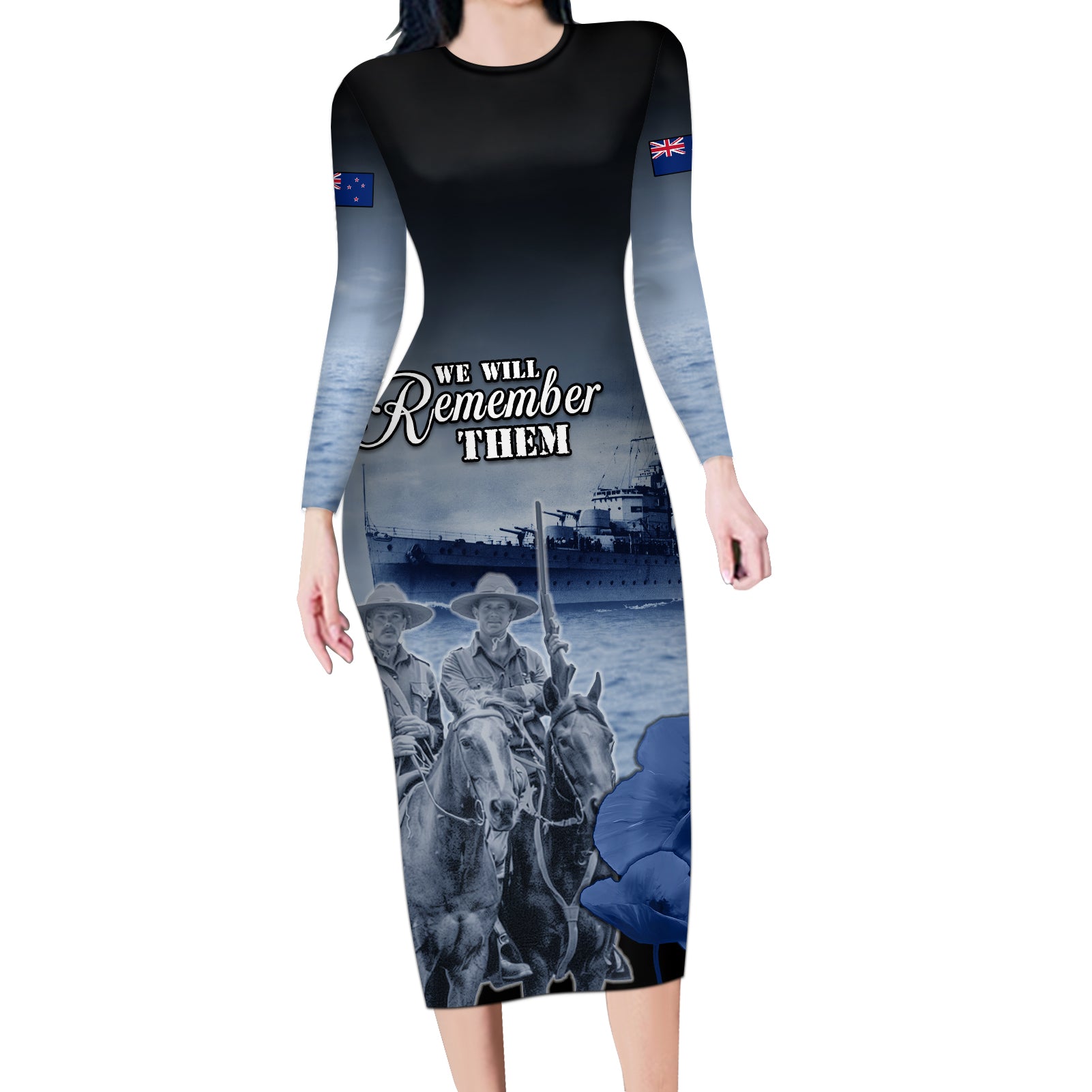 New Zealand ANZAC Day Long Sleeve Bodycon Dress HMNZS Achilles We Will Remember Them LT05 Long Dress Blue - Polynesian Pride