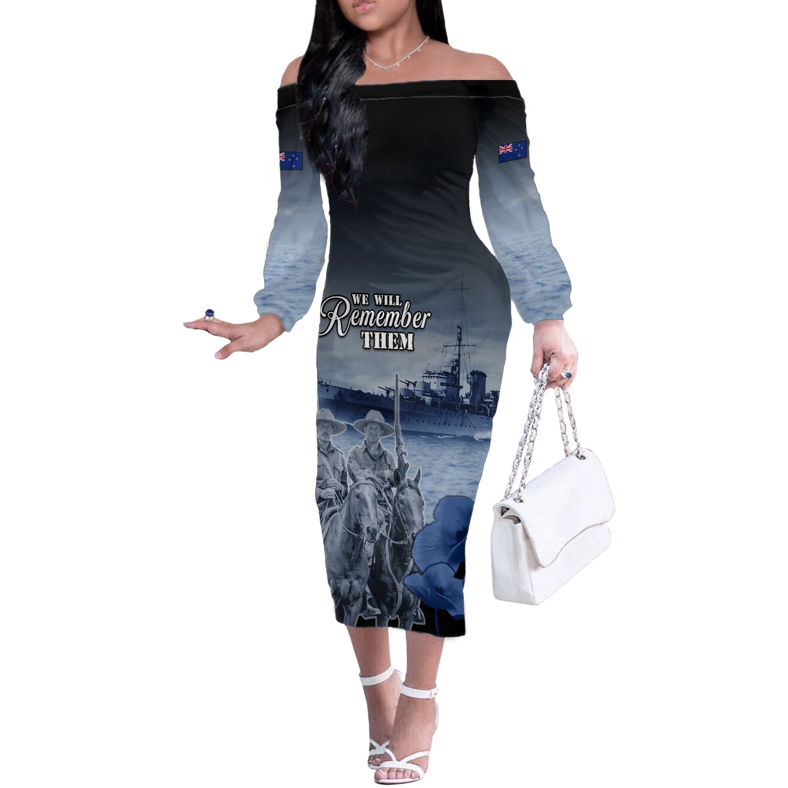 New Zealand ANZAC Day Off The Shoulder Long Sleeve Dress HMNZS Achilles We Will Remember Them LT05 Women Blue - Polynesian Pride