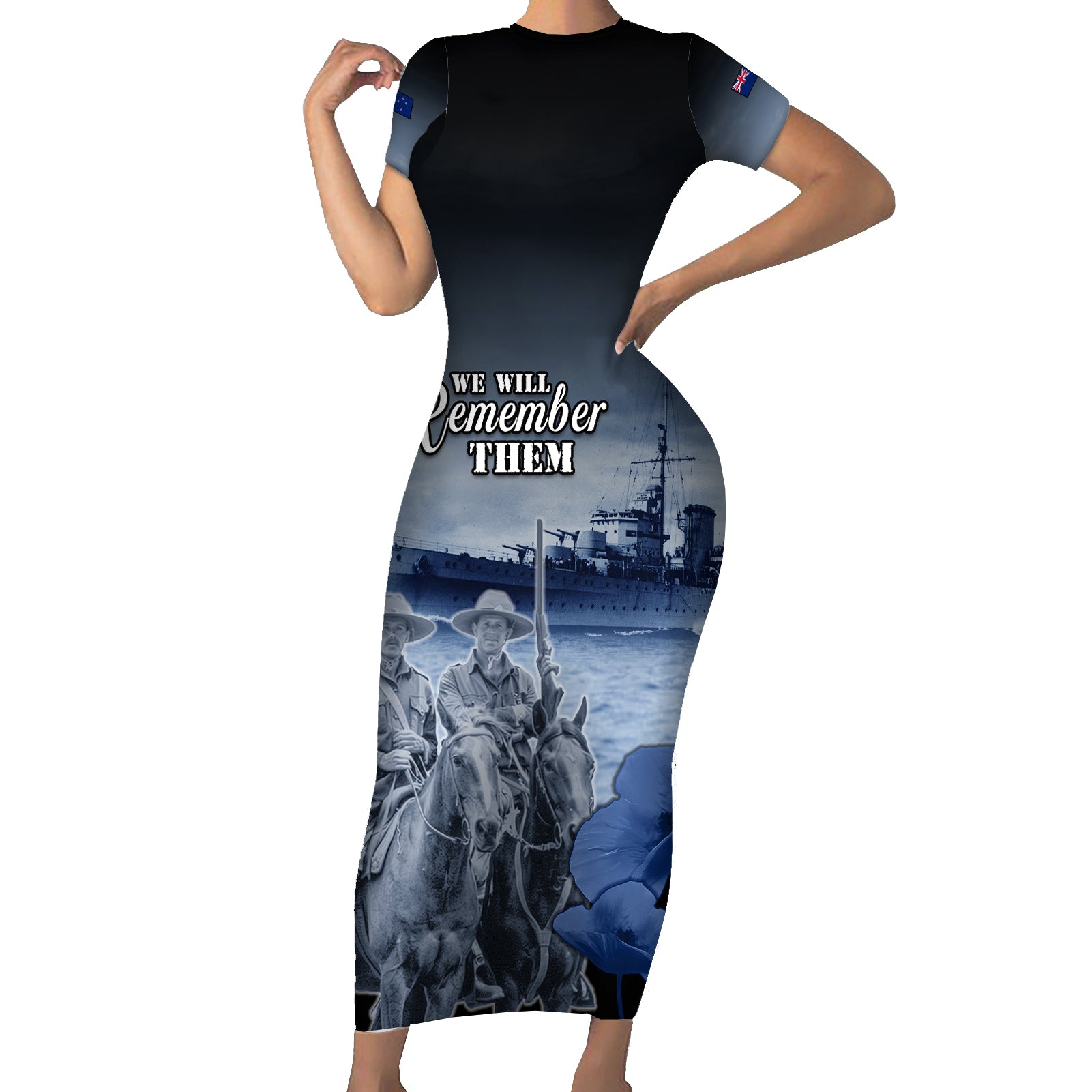 New Zealand ANZAC Day Short Sleeve Bodycon Dress HMNZS Achilles We Will Remember Them LT05 Long Dress Blue - Polynesian Pride