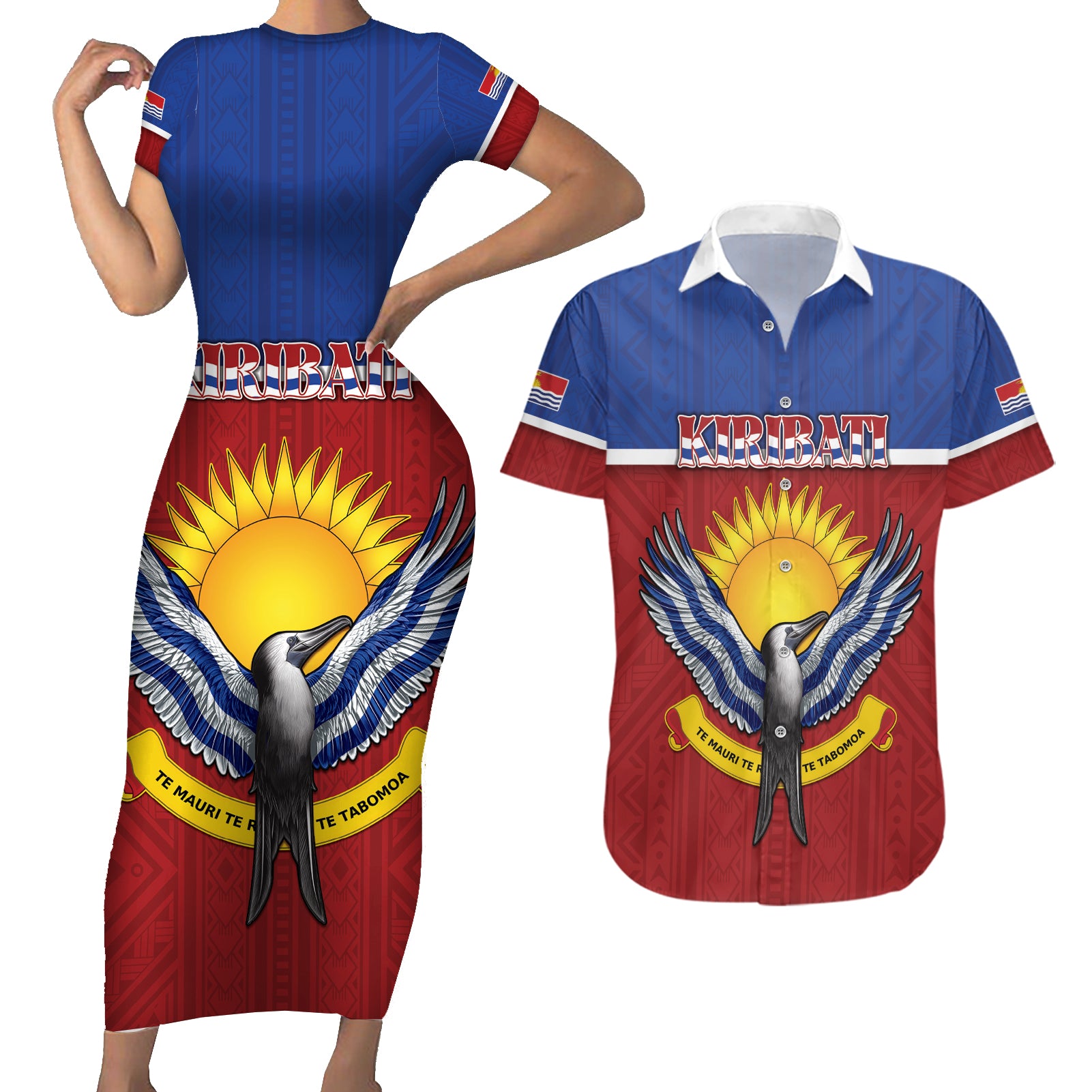 Kiribati 45th Independence Day Couples Matching Short Sleeve Bodycon Dress and Hawaiian Shirt Lesser Frigatebird Tribal Pattern