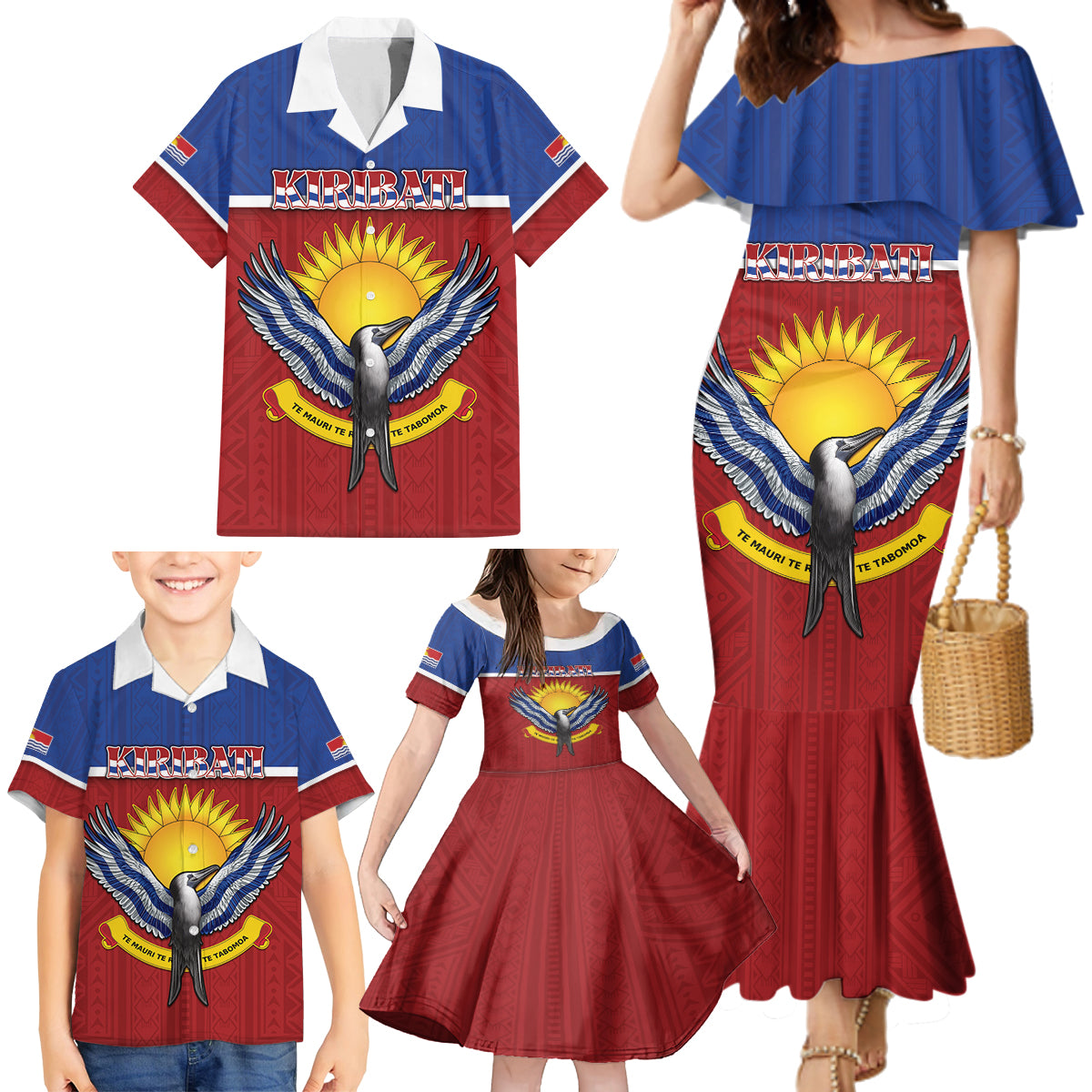 Kiribati 45th Independence Day Family Matching Mermaid Dress and Hawaiian Shirt Lesser Frigatebird Tribal Pattern
