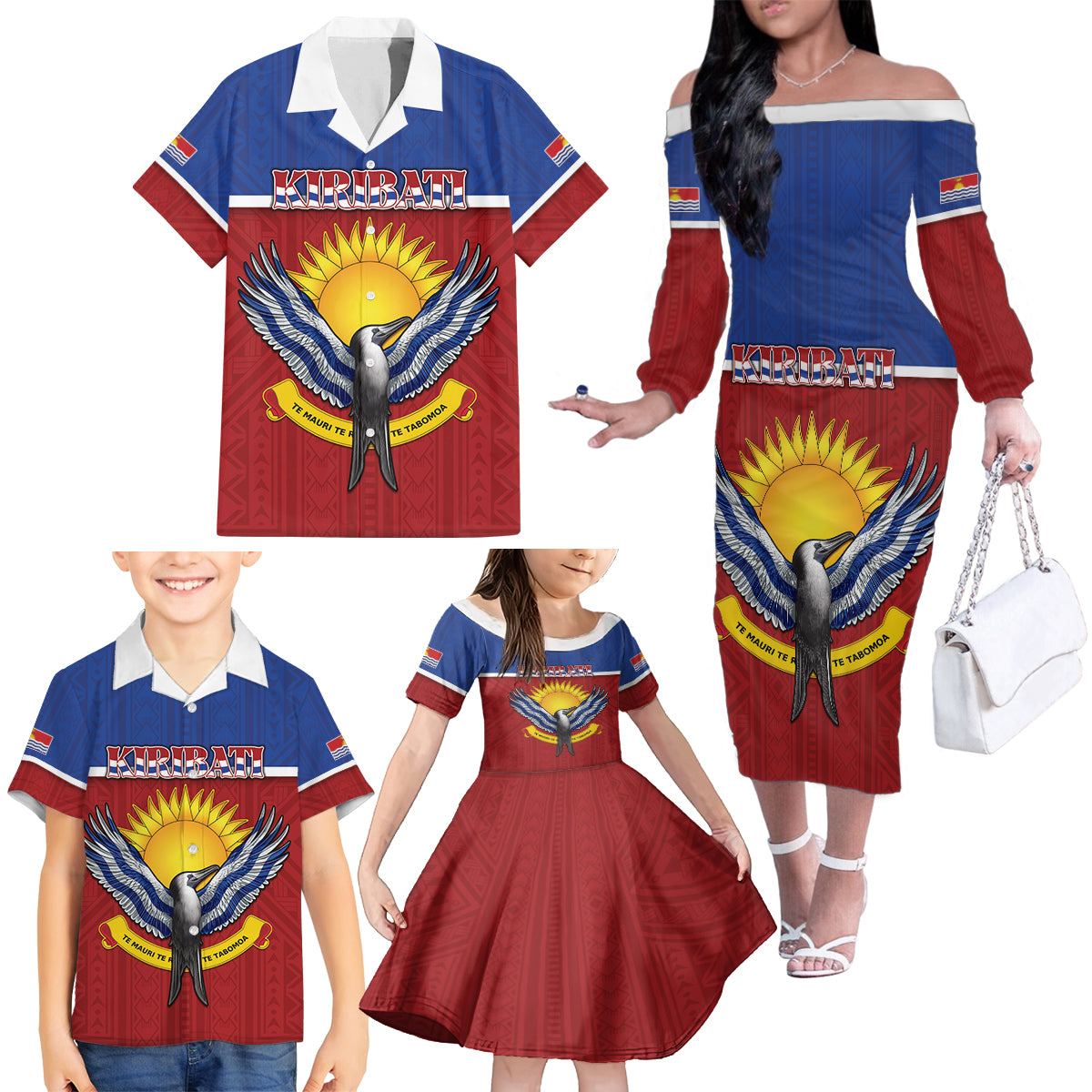 Kiribati 45th Independence Day Family Matching Off The Shoulder Long Sleeve Dress and Hawaiian Shirt Lesser Frigatebird Tribal Pattern