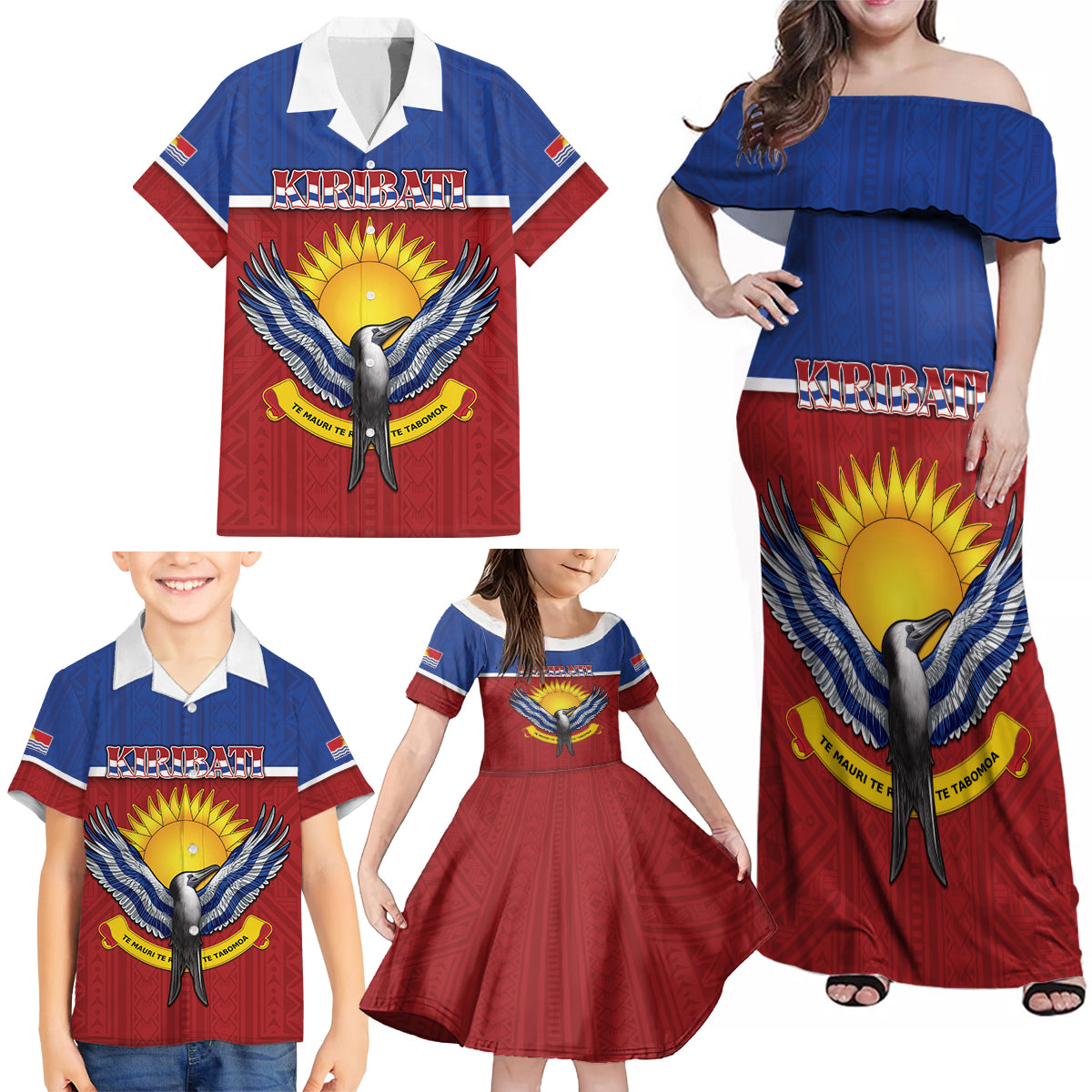 Kiribati 45th Independence Day Family Matching Off Shoulder Maxi Dress and Hawaiian Shirt Lesser Frigatebird Tribal Pattern