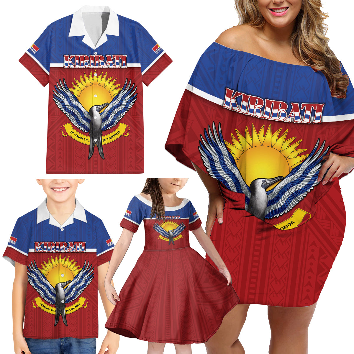 Kiribati 45th Independence Day Family Matching Off Shoulder Short Dress and Hawaiian Shirt Lesser Frigatebird Tribal Pattern