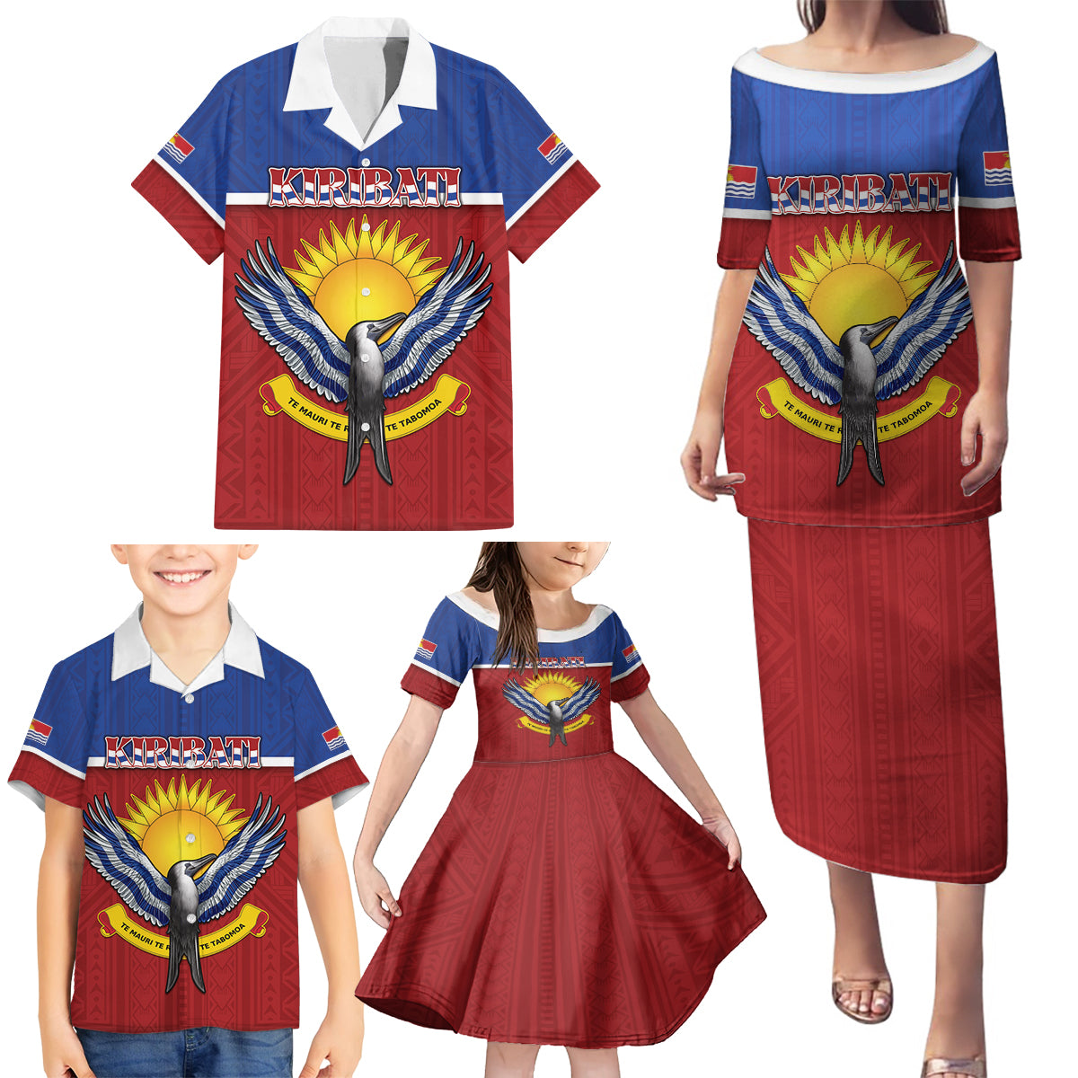 Kiribati 45th Independence Day Family Matching Puletasi and Hawaiian Shirt Lesser Frigatebird Tribal Pattern