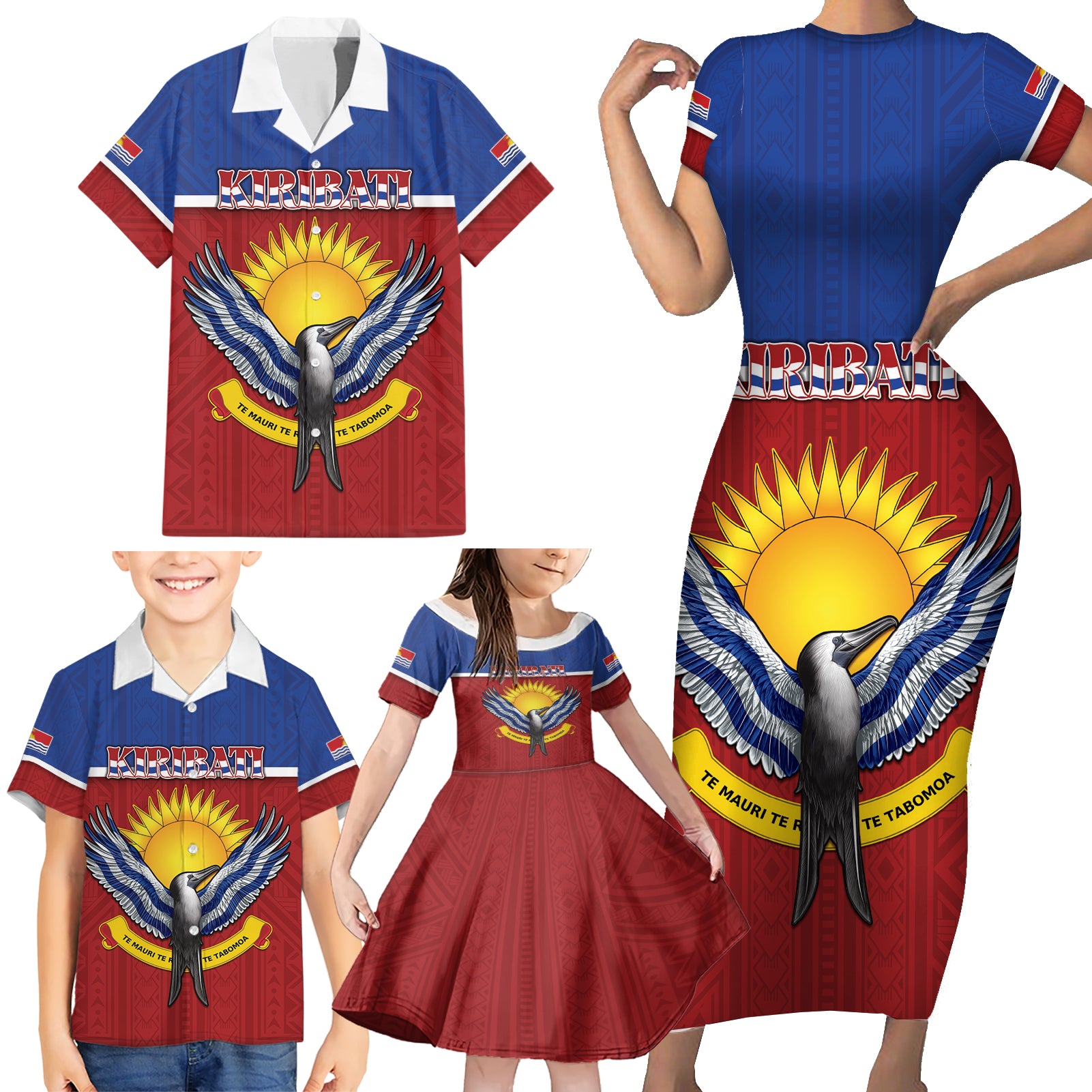 Kiribati 45th Independence Day Family Matching Short Sleeve Bodycon Dress and Hawaiian Shirt Lesser Frigatebird Tribal Pattern