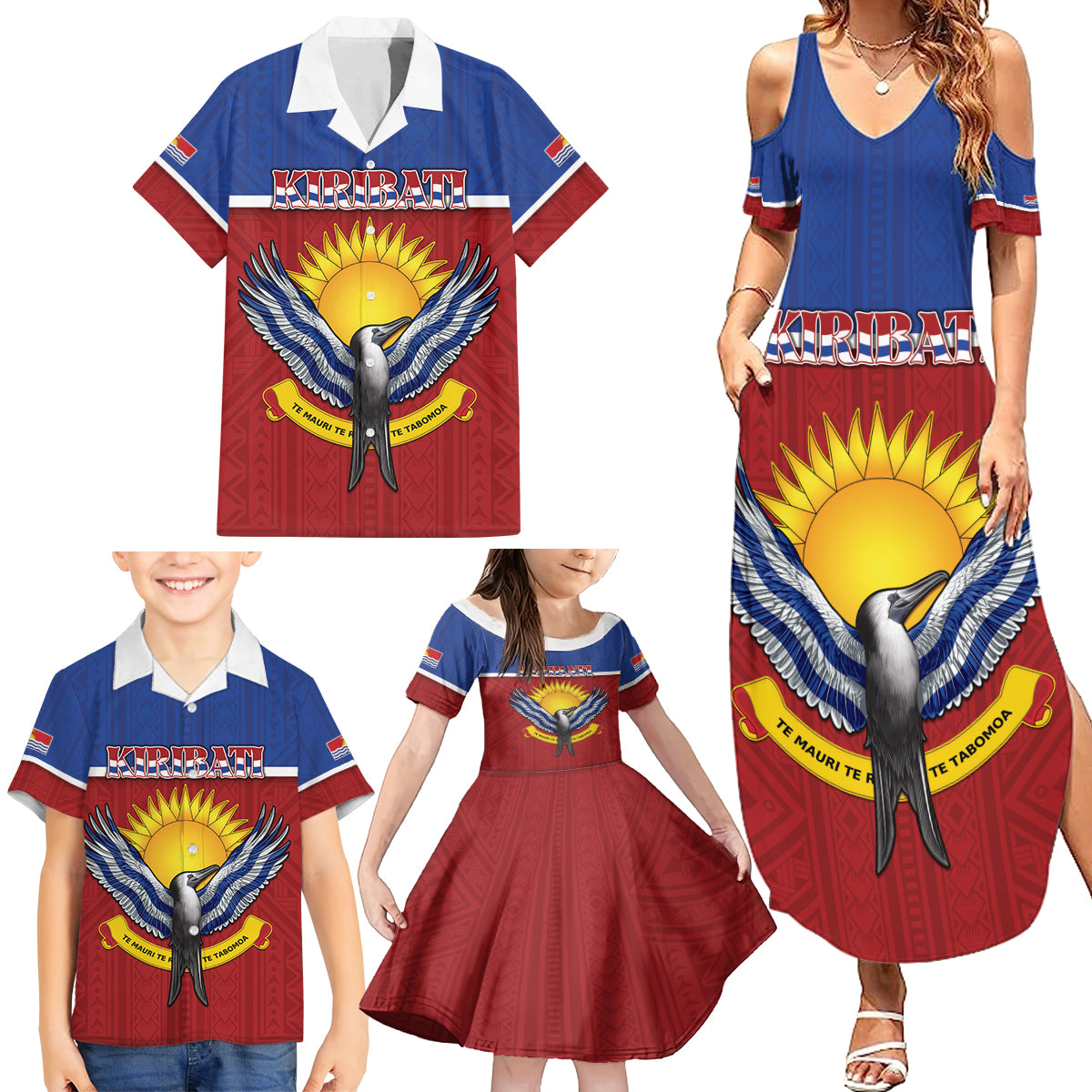 Kiribati 45th Independence Day Family Matching Summer Maxi Dress and Hawaiian Shirt Lesser Frigatebird Tribal Pattern