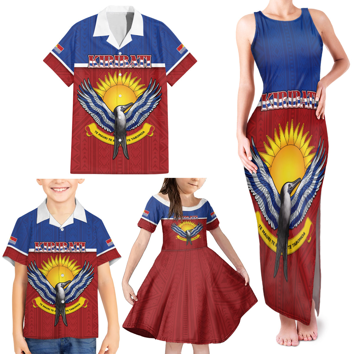 Kiribati 45th Independence Day Family Matching Tank Maxi Dress and Hawaiian Shirt Lesser Frigatebird Tribal Pattern