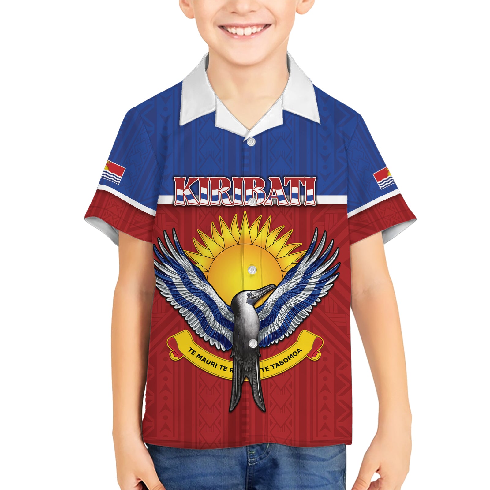 Kiribati 45th Independence Day Kid Hawaiian Shirt Lesser Frigatebird Tribal Pattern