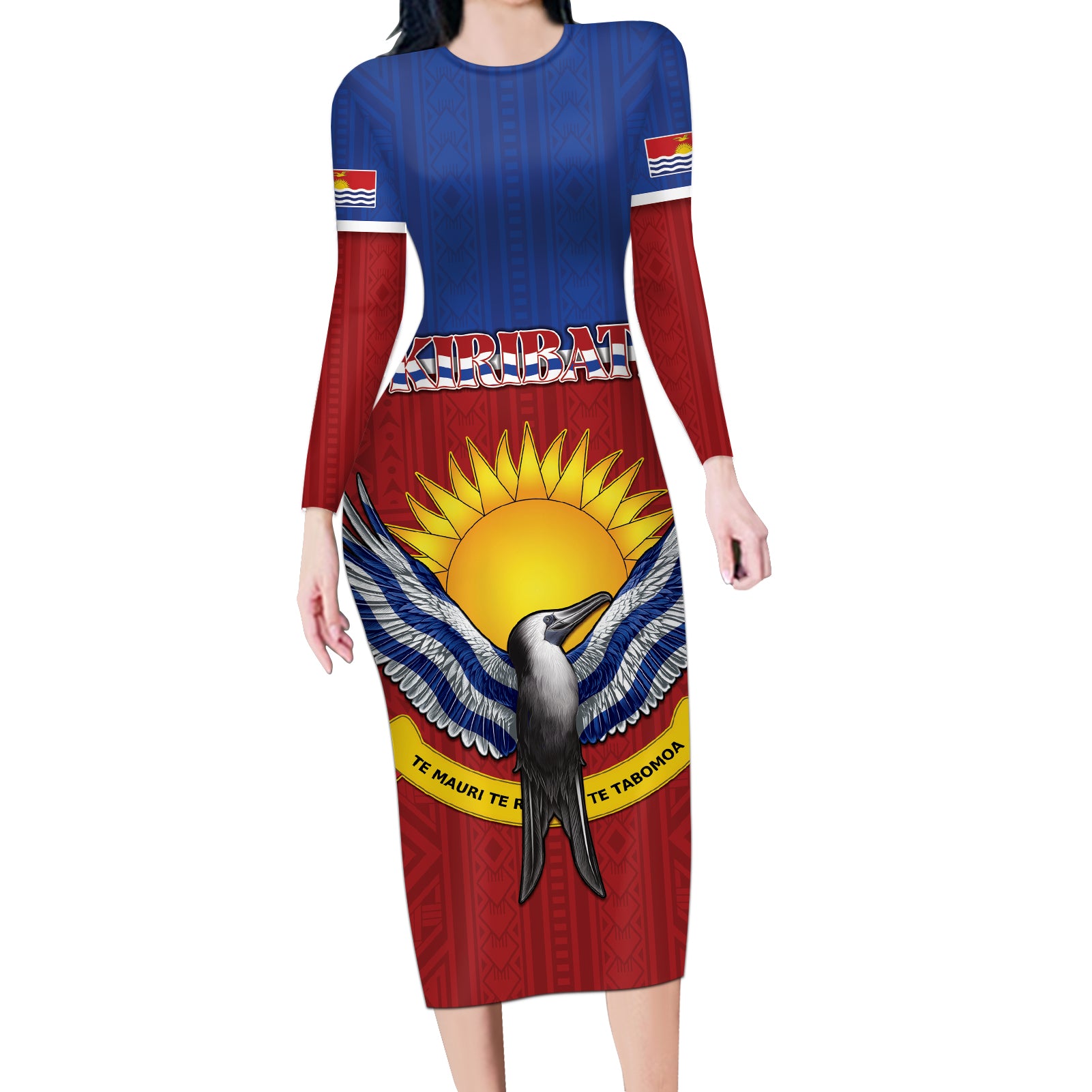 Kiribati 45th Independence Day Long Sleeve Bodycon Dress Lesser Frigatebird Tribal Pattern