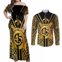 Vanuatu 45th Anniversary Of Independence Couples Matching Off Shoulder Maxi Dress and Long Sleeve Button Shirt Gold Style - Polynesian Pride