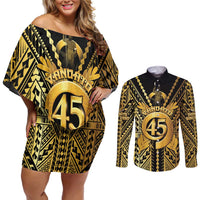 Vanuatu 45th Anniversary Of Independence Couples Matching Off Shoulder Short Dress and Long Sleeve Button Shirt Gold Style - Polynesian Pride