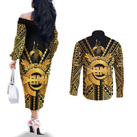 Vanuatu 45th Anniversary Of Independence Couples Matching Off The Shoulder Long Sleeve Dress and Long Sleeve Button Shirt Gold Style - Polynesian Pride