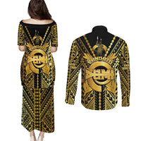 Vanuatu 46th Anniversary Of Independence Couples Matching Puletasi and Long Sleeve Button Shirt Gold Style LT05 - Polynesian Pride