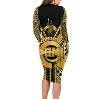 Vanuatu 46th Anniversary Of Independence Long Sleeve Bodycon Dress Gold Style LT05 - Polynesian Pride