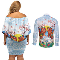 Hawaii And Japan Okinawa Couples Matching Off Shoulder Short Dress and Long Sleeve Button Shirt Aloha Gozaimasu Tiki With Shisa