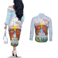 Hawaii And Japan Okinawa Couples Matching Off The Shoulder Long Sleeve Dress and Long Sleeve Button Shirt Aloha Gozaimasu Tiki With Shisa