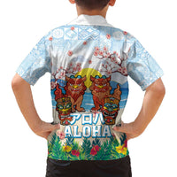 Hawaii And Japan Okinawa Family Matching Off The Shoulder Long Sleeve Dress and Hawaiian Shirt Aloha Gozaimasu Tiki With Shisa LT05 - Polynesian Pride