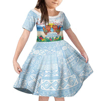 Hawaii And Japan Okinawa Family Matching Off The Shoulder Long Sleeve Dress and Hawaiian Shirt Aloha Gozaimasu Tiki With Shisa LT05 Daughter's Dress Blue - Polynesian Pride