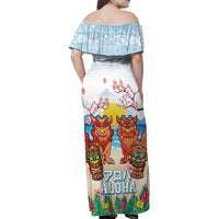 Hawaii And Japan Okinawa Family Matching Off Shoulder Maxi Dress and Hawaiian Shirt Aloha Gozaimasu Tiki With Shisa