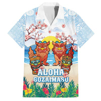Hawaii And Japan Okinawa Family Matching Off Shoulder Short Dress and Hawaiian Shirt Aloha Gozaimasu Tiki With Shisa LT05 Dad's Shirt - Short Sleeve Blue - Polynesian Pride