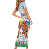 Hawaii And Japan Okinawa Short Sleeve Bodycon Dress Aloha Gozaimasu Tiki With Shisa