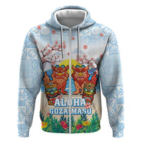 Hawaii And Japan Okinawa Zip Hoodie Aloha Gozaimasu Tiki With Shisa