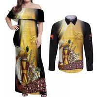 Papua New Guinea Couples Matching Off Shoulder Maxi Dress and Long Sleeve Button Shirt Independence Day Unique Style LT05 Gold - Polynesian Pride