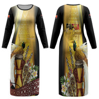 Papua New Guinea Family Matching Long Sleeve Bodycon Dress and Hawaiian Shirt Independence Day Unique Style LT05 Mom's Dress Gold - Polynesian Pride