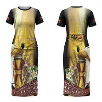 Papua New Guinea Family Matching Short Sleeve Bodycon Dress and Hawaiian Shirt Independence Day Unique Style LT05 Mom's Dress Gold - Polynesian Pride