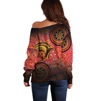 Papua New Guinea Off Shoulder Sweater Birds Of Paradise With Aboriginal Pattern - Polynesian Pride