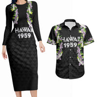 Hawaii Statehood Day Couples Matching Long Sleeve Bodycon Dress and Hawaiian Shirt Kakau Pattern With Maile Pikake Honohono Lei
