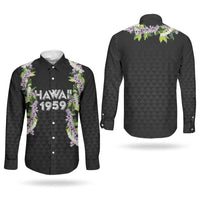 Hawaii Statehood Day Couples Matching Off Shoulder Maxi Dress and Long Sleeve Button Shirt Kakau Pattern With Maile Pikake Honohono Lei