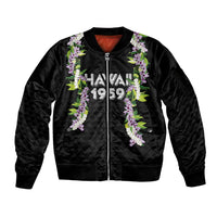 Hawaii Statehood Day Sleeve Zip Bomber Jacket Kakau Pattern With Maile Pikake Honohono Lei