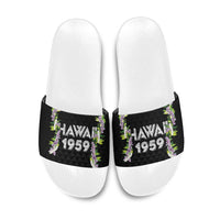 Hawaii Statehood Day Slide Sandals Kakau Pattern With Maile Pikake Honohono Lei