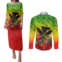 Personalized Hawaii Couples Matching Puletasi Dress and Long Sleeve Button Shirts Kakau Kanaka Maoli With Hibiscus Flowers LT05 Reggae - Polynesian Pride